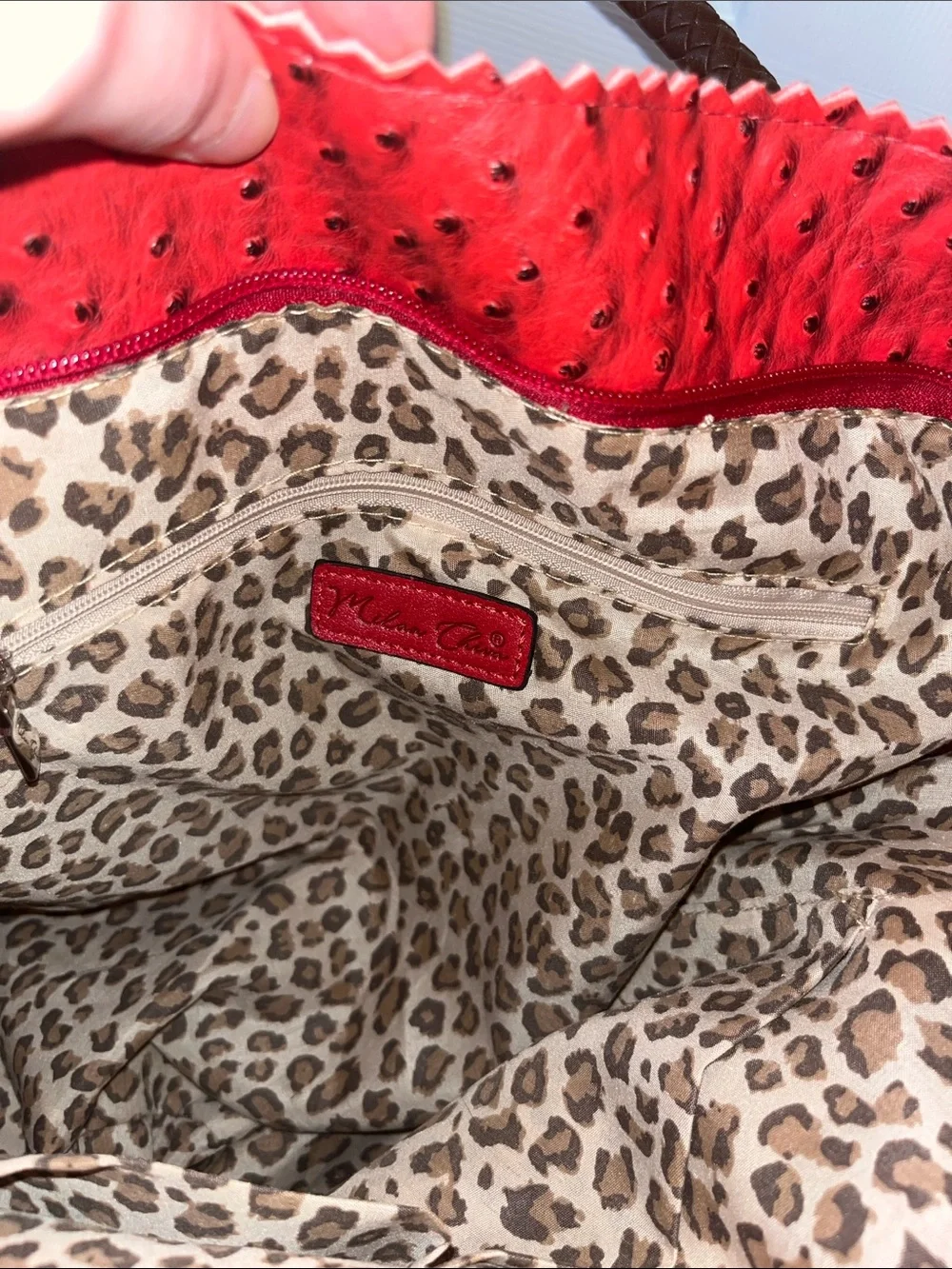 Milan Chiva Red Textured Tote with Braided Brown Shoulder Handles